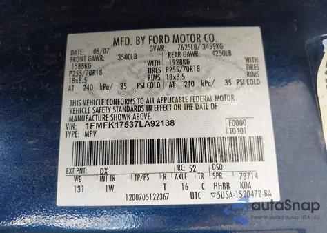 2007 Ford Expedition El Eddie Bauer from USA, damaged, VIN 1FMFK17537LA92138